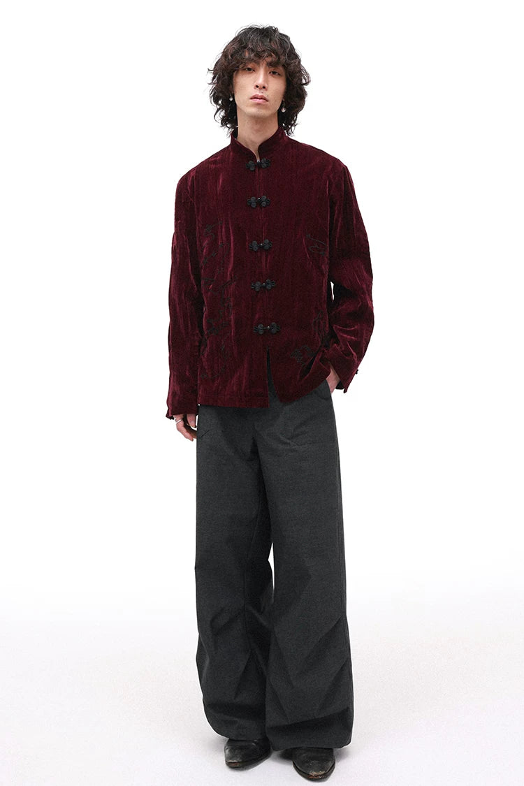 Year of the Horse Velvet Embroidered Chinese Frog Button Stand Collar Cardigan Jacket