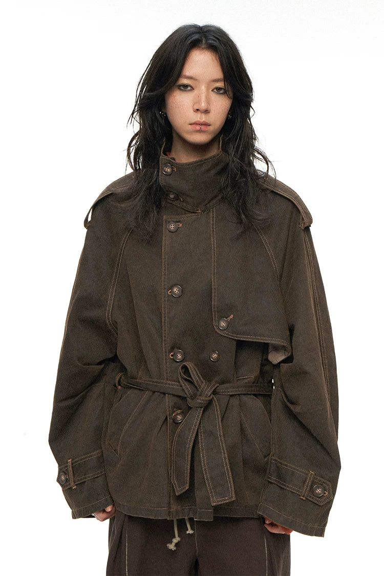 Raglan Sleeve Detachable Panel Cotton Denim Cropped Brown Trench Jacket