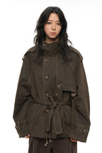 Raglan Sleeve Detachable Panel Cotton Denim Cropped Brown Trench Jacket