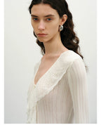Lace Ruffle V-Neck Knit Cardigan