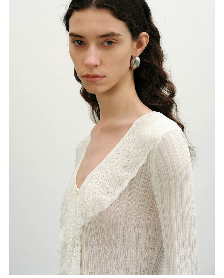 Lace Ruffle V-Neck Knit Cardigan