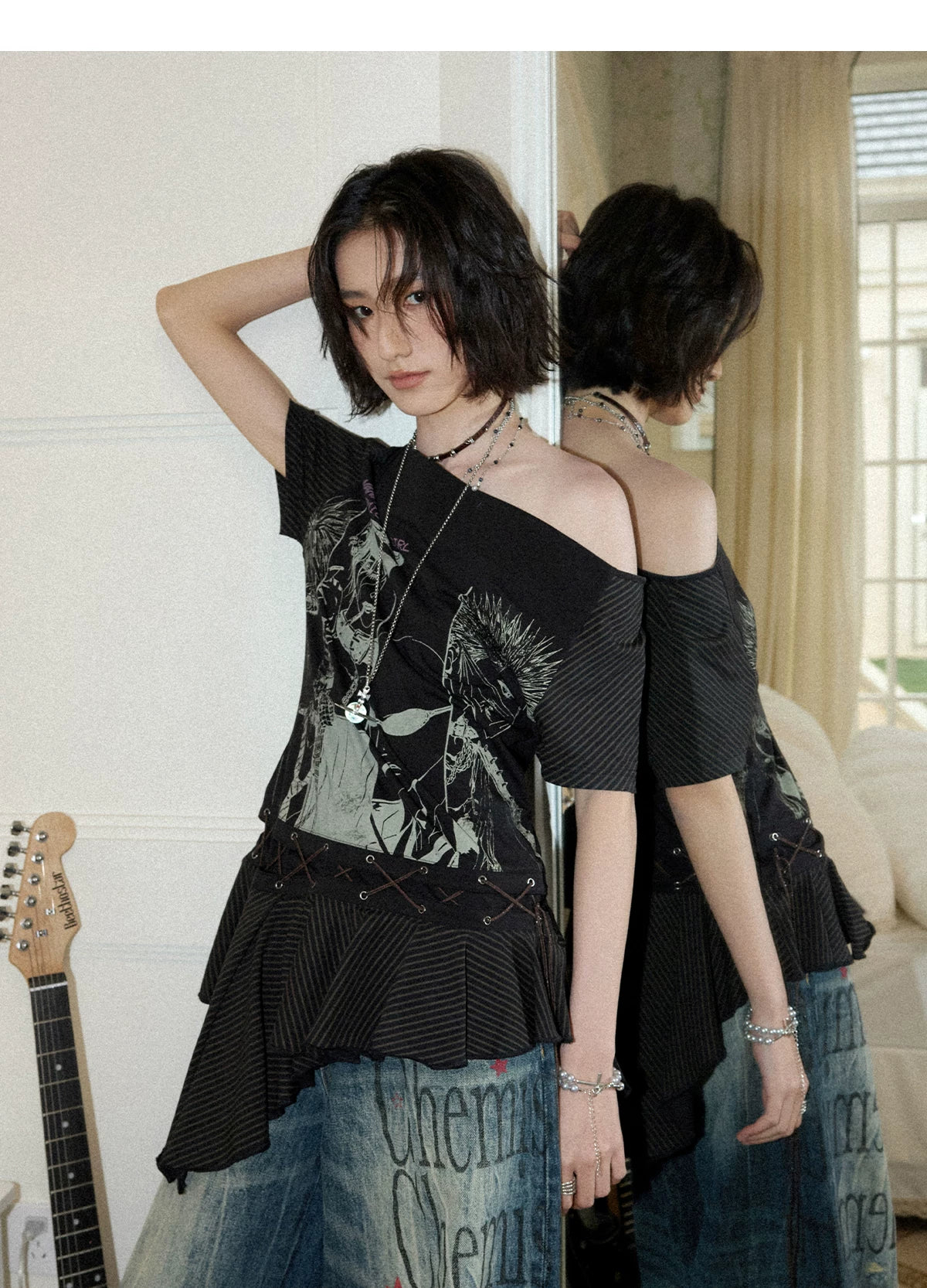 NANA Collaboration Asymmetrical Off-Shoulder Lace Hem Lace-Up Graphic T-Shirt