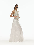Wide Ribbed Waistband Tiered Crinkle Maxi Skirt
