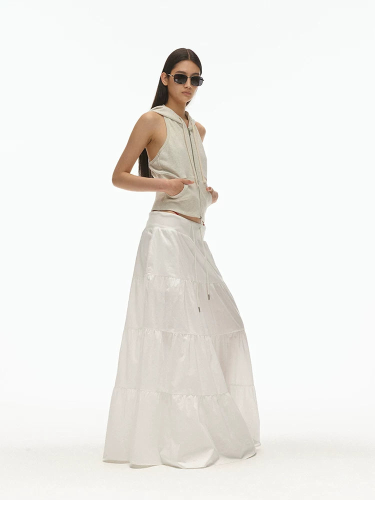 Wide Ribbed Waistband Tiered Crinkle Maxi Skirt