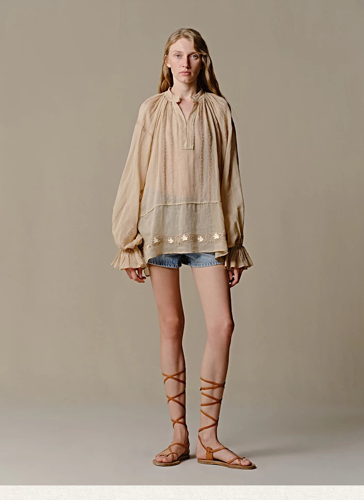 Ramie Bubble Sleeve Blouse with Woven Trim