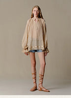 Ramie Bubble Sleeve Blouse with Woven Trim