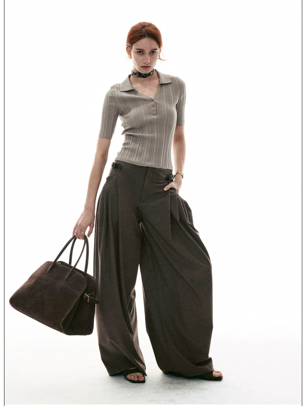 French-Inspired Ribbed Half Sleeve Polo Knit Top