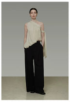 French-Inspired Asymmetric One-Shoulder Sleeveless Top with Tie Detail