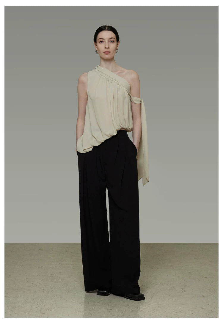 French-Inspired Asymmetric One-Shoulder Sleeveless Top with Tie Detail