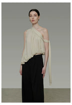 French-Inspired Asymmetric One-Shoulder Sleeveless Top with Tie Detail