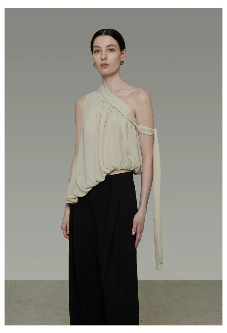 French-Inspired Asymmetric One-Shoulder Sleeveless Top with Tie Detail
