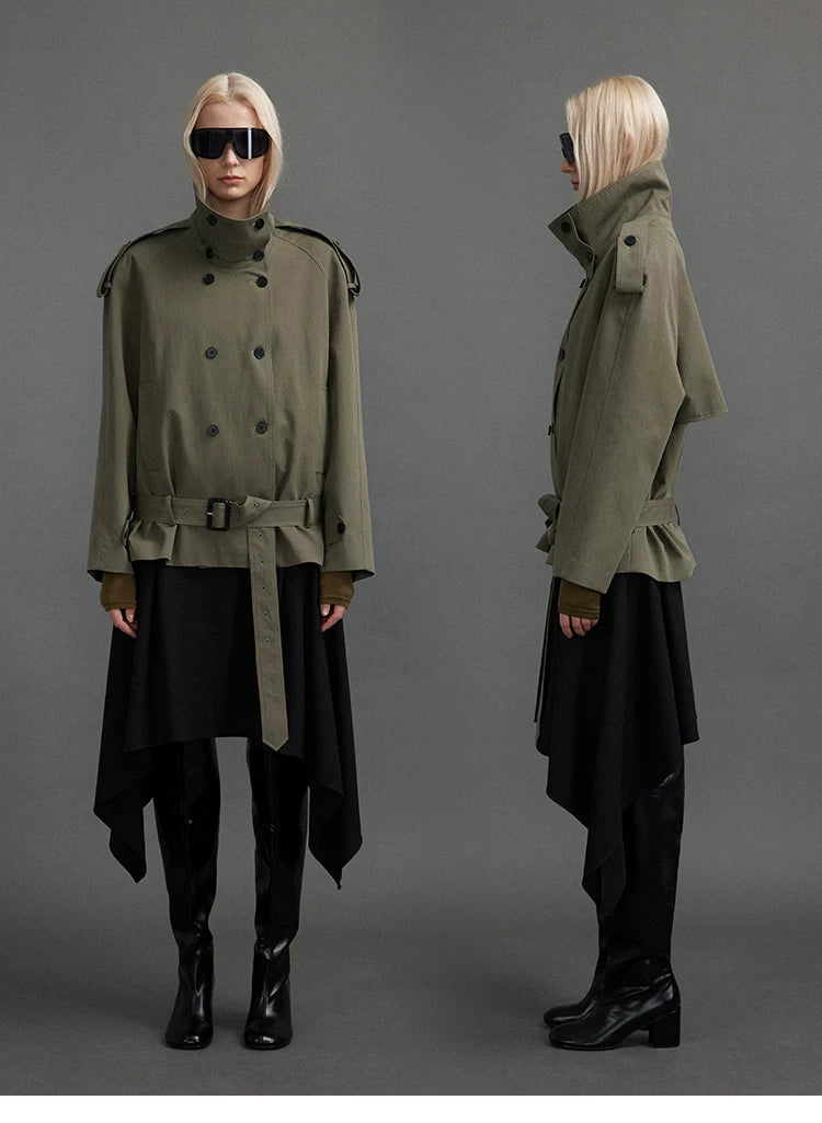 Cropped Trench Jacket with Stand Collar and Curved Shoulders Main image
