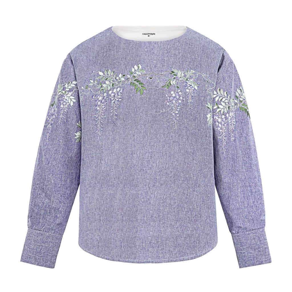 Wisteria Embroidered Loose Off-Shoulder Long Sleeve Shirt