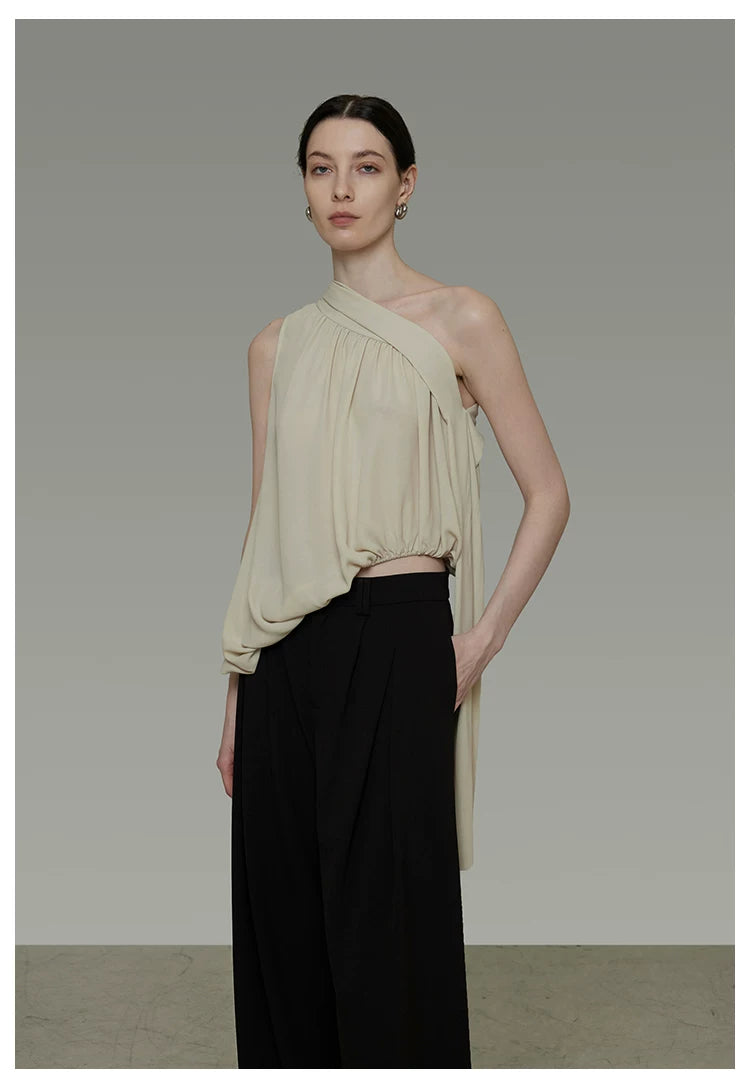 French-Inspired Asymmetric One-Shoulder Sleeveless Top with Tie Detail