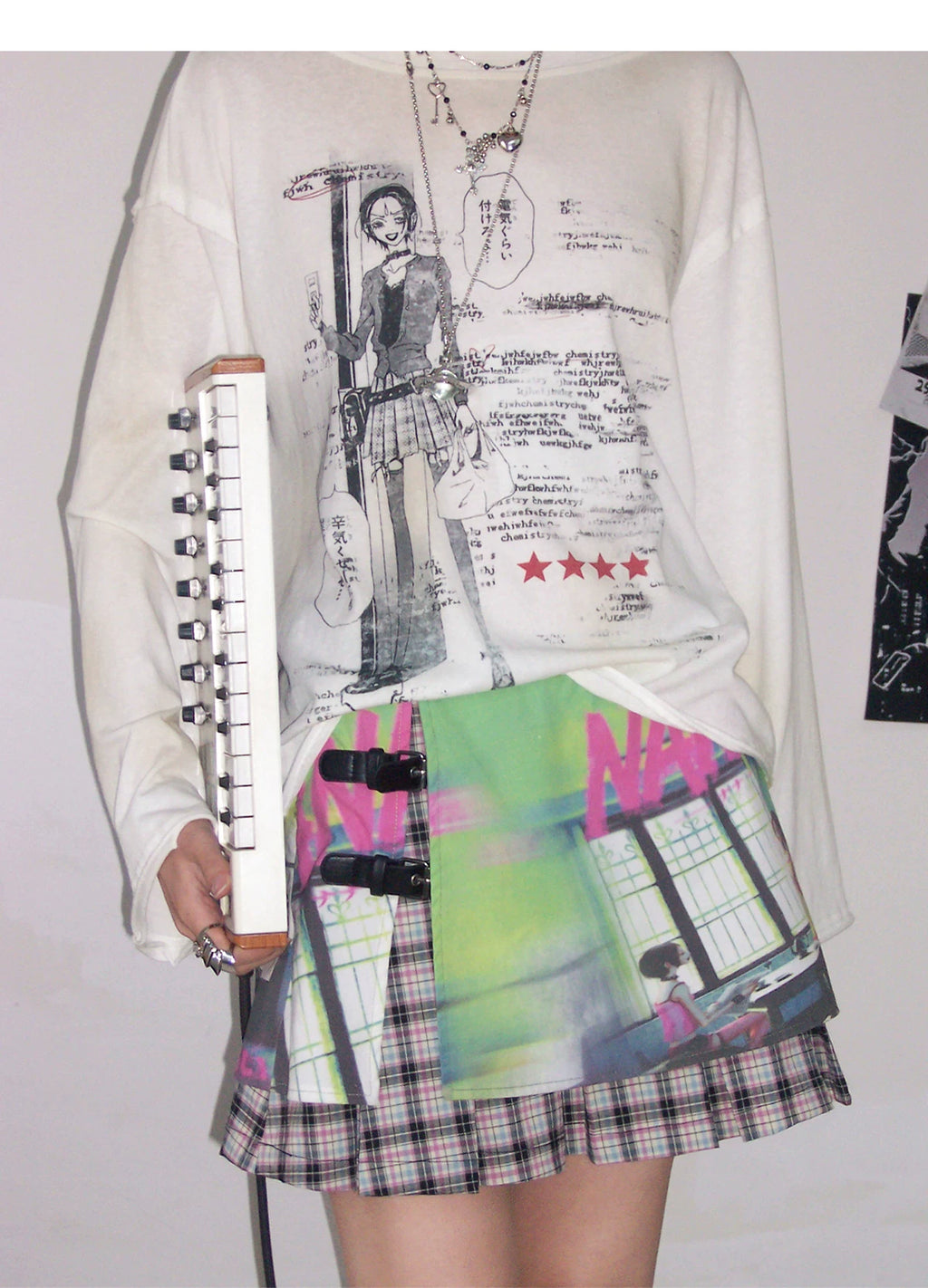 NANA Collaboration Plaid Patchwork Printed Pleated Skirt