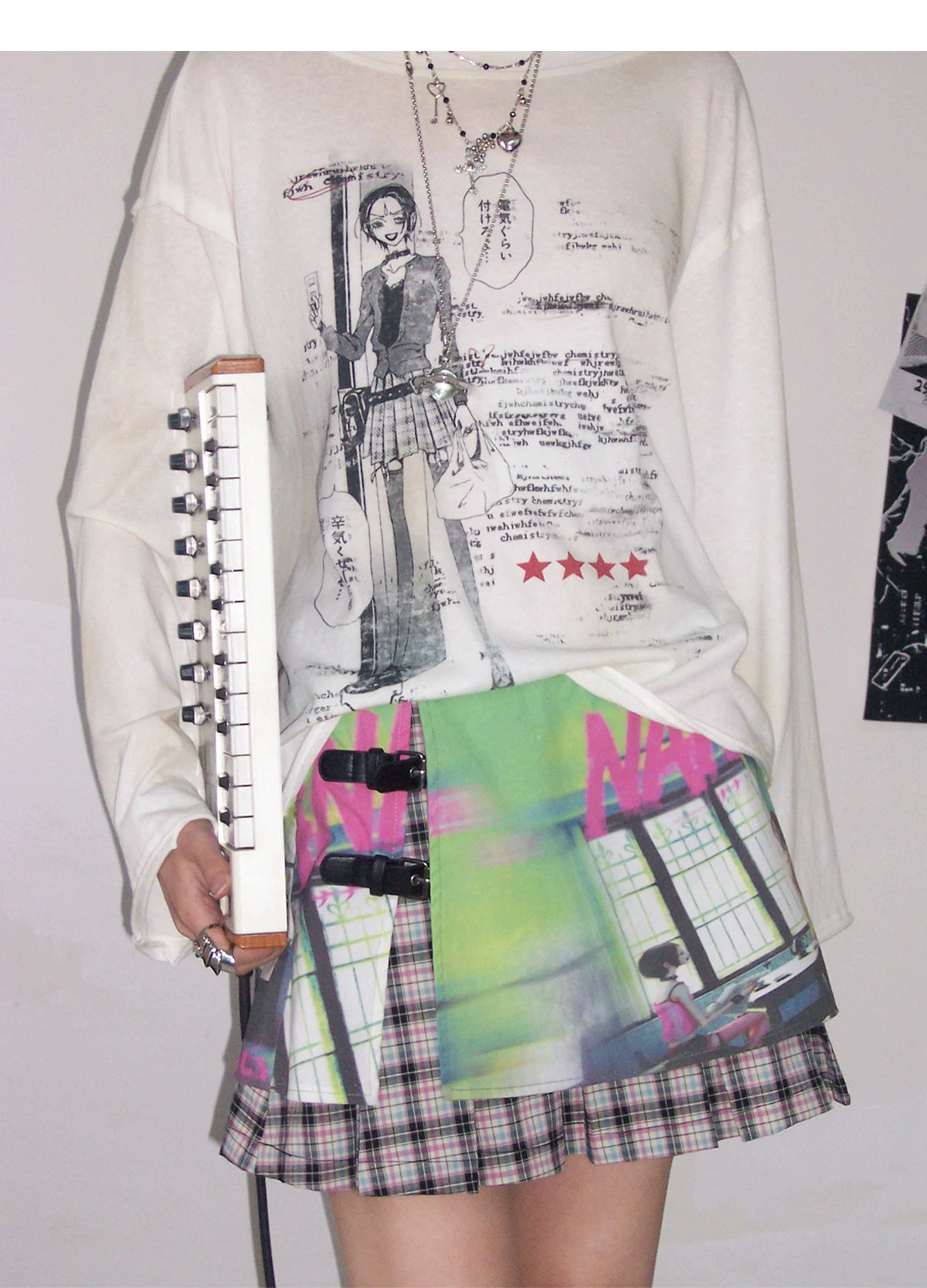 NANA Collaboration Plaid Patchwork Printed Pleated Skirt