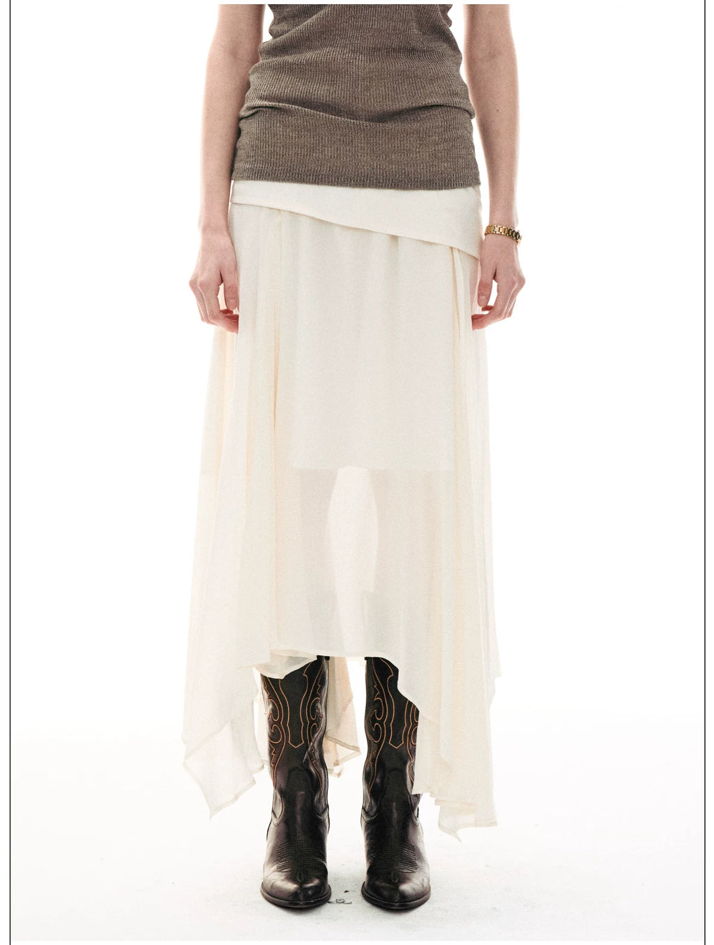 French-Inspired Faux Two-Piece Asymmetric Silk Skirt
