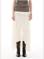 French-Inspired Faux Two-Piece Asymmetric Silk Skirt