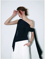 French-Inspired Acetate One-Shoulder Tie Detail Sleeveless Top
