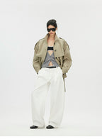Cropped Trench Jacket with Curved Shoulders and Tie Detail
