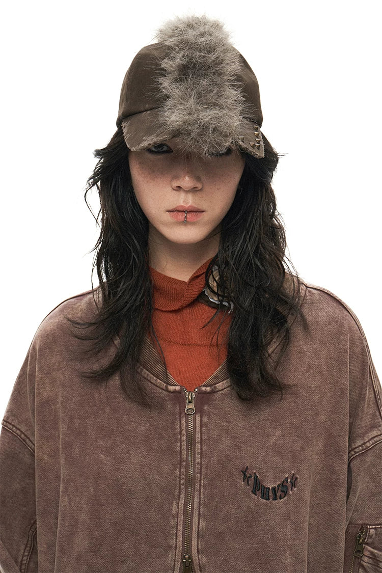 Vintage Punk Distressed Mohair Plush Newsboy Cap with Studs – Washed Texture