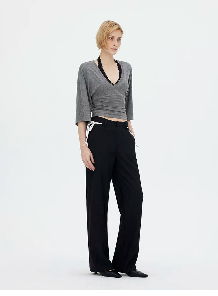V-Neck Batwing Sleeve Waist-Cinching Knit Top