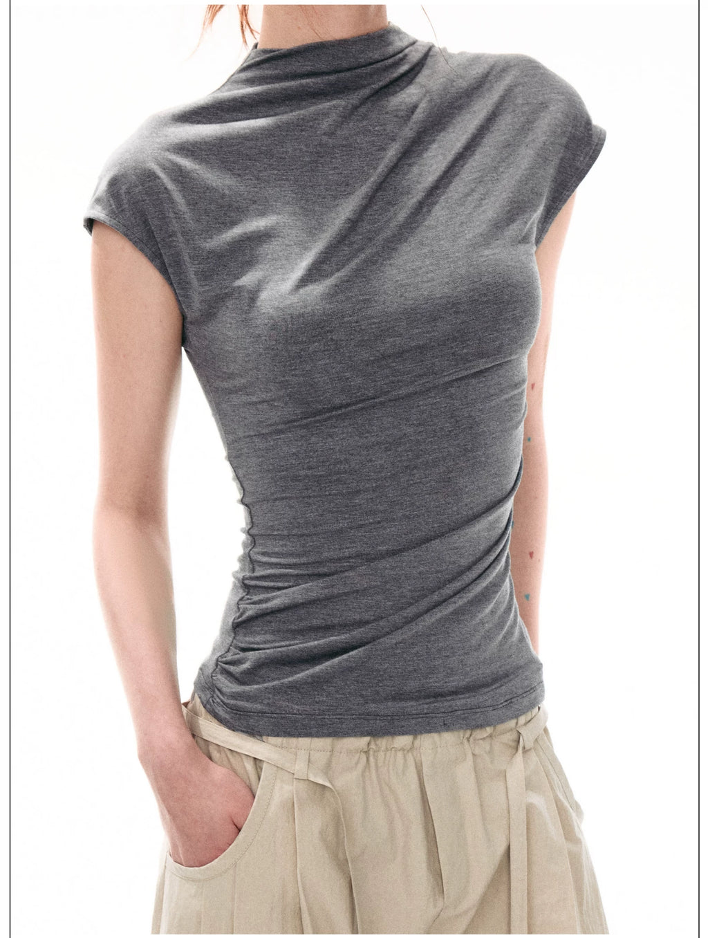 French-Inspired Mock Neck Ruched Slim-Fit Cap Sleeve Top