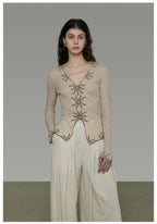 Vintage Embroidered V-Neck Slim-Fit Knit Top