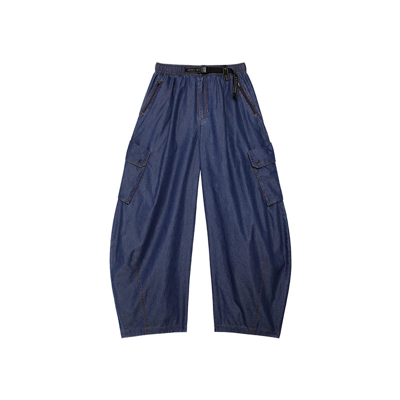 Relaxed Fit Washed Denim Curved Panel Cargo Pants – Casual Streetwear Main image