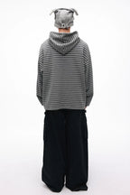 Grotesque Cat Paw Print Lace Trim Loose Striped Hooded Long Sleeve T-Shirt