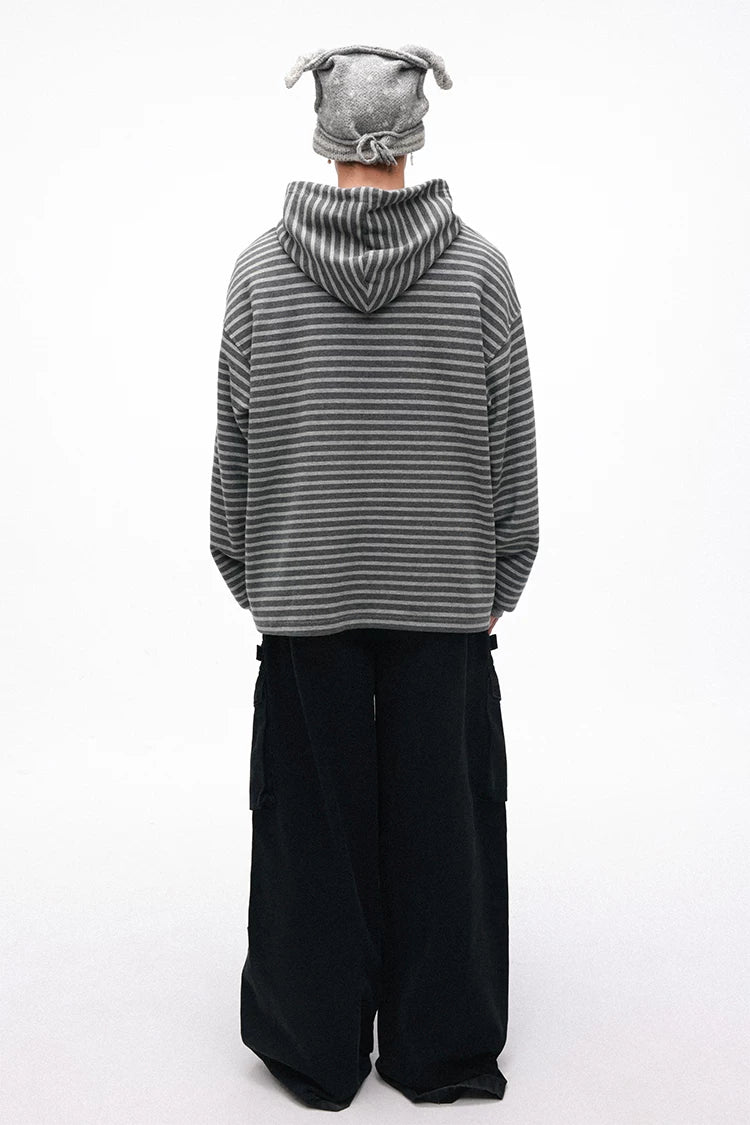Grotesque Cat Paw Print Lace Trim Loose Striped Hooded Long Sleeve T-Shirt