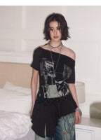 NANA Collaboration Asymmetrical Off-Shoulder Lace Hem Lace-Up Graphic T-Shirt
