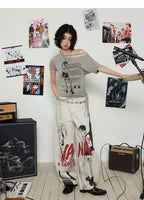NANA Collaboration Distressed Drawstring Off-Shoulder Short Sleeve T-Shirt