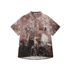 Vintage Workwear-Inspired All-Over Print Draped Short Sleeve Shirt