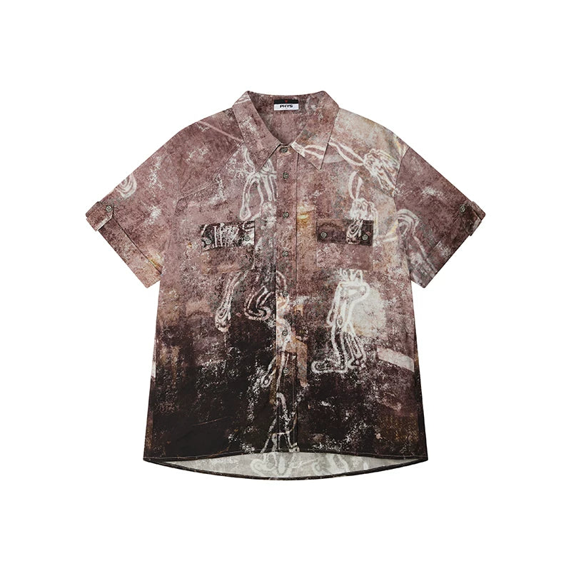Vintage Workwear-Inspired All-Over Print Draped Short Sleeve Shirt Main image