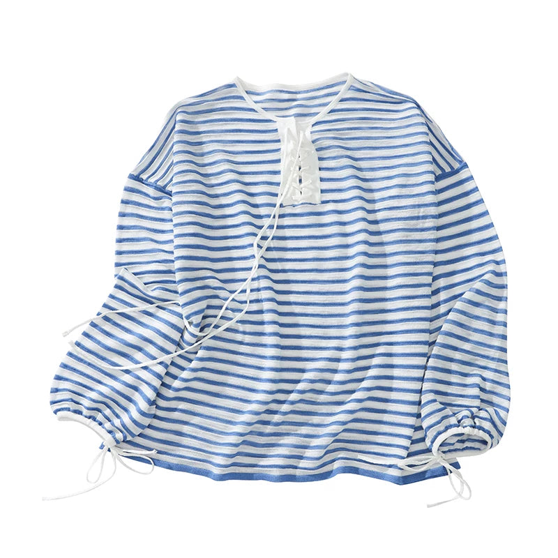 French Striped Lightweight Knit Long Sleeve Top