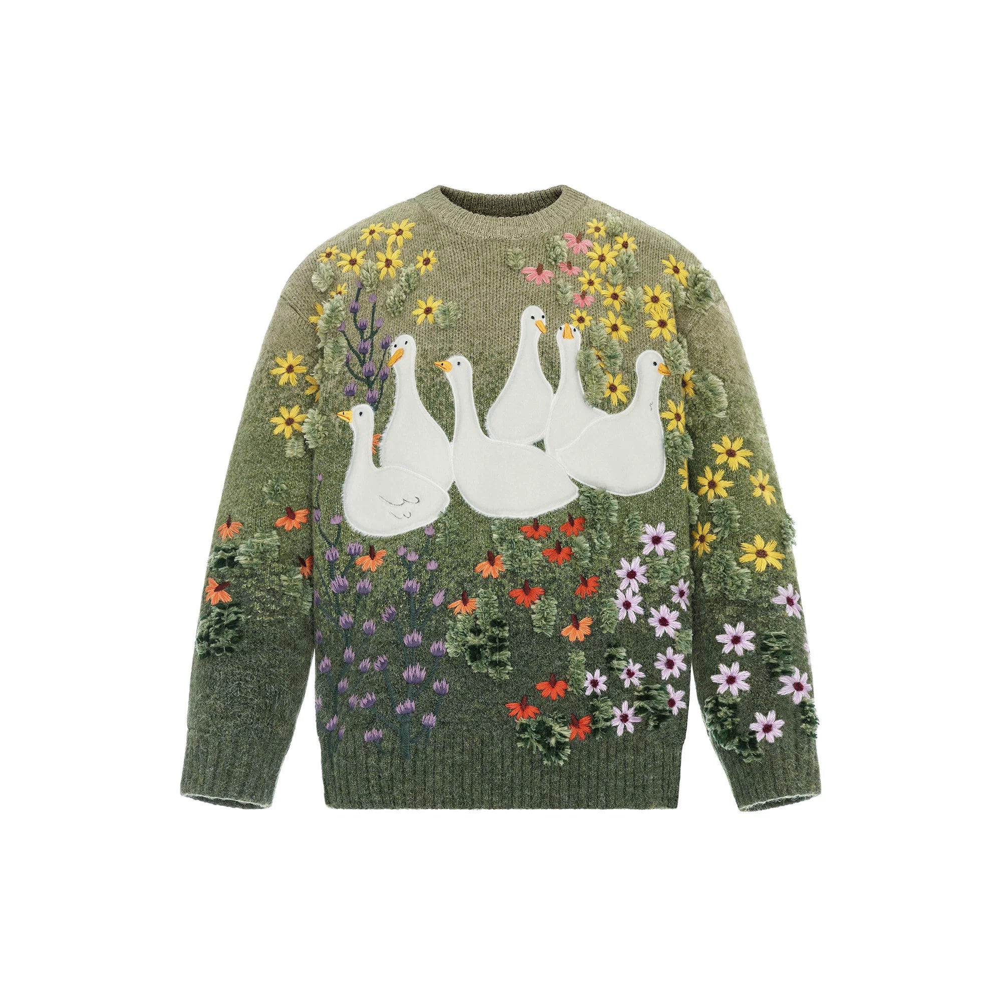 Handmade Plush Gradient Sweater with Goose Appliqué and Floral Embroidery Main image