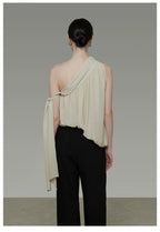 French-Inspired Asymmetric One-Shoulder Sleeveless Top with Tie Detail