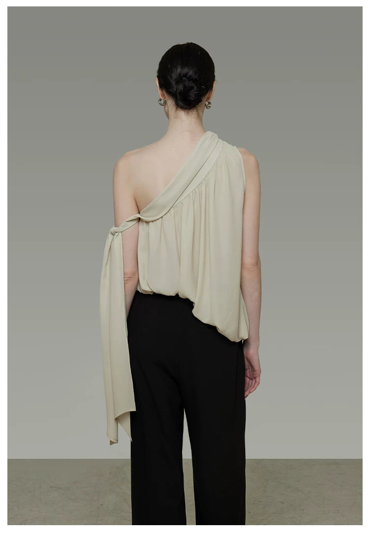 French-Inspired Asymmetric One-Shoulder Sleeveless Top with Tie Detail