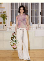 New Chinese Style All-Over Print Pleated Mock Neck Sleeveless Tank Top
