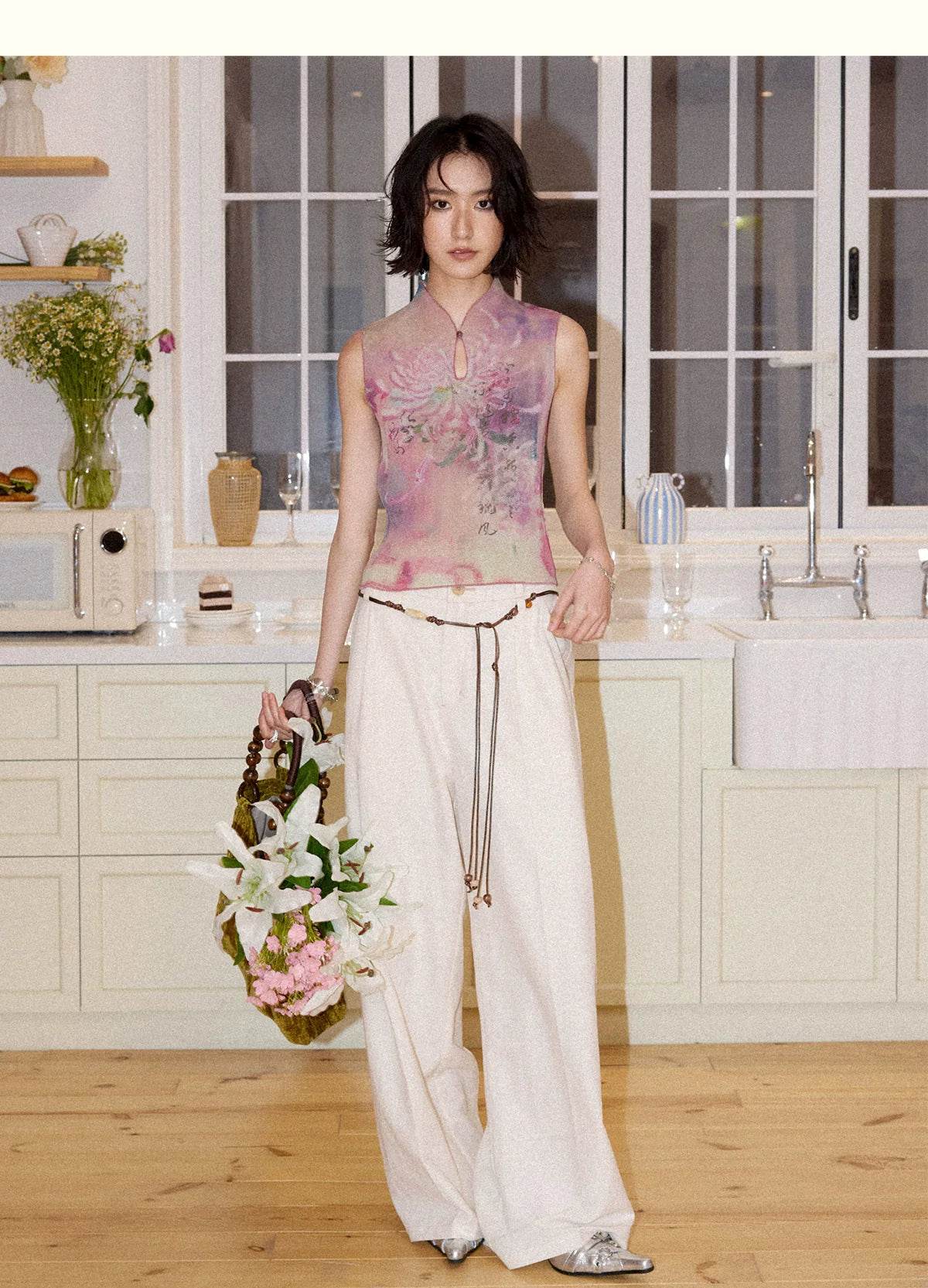 New Chinese Style All-Over Print Pleated Mock Neck Sleeveless Tank Top