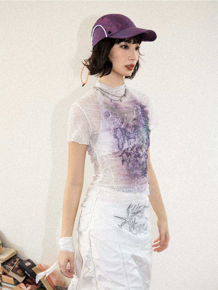 Lace Ruched Slim-Fit Printed Short Sleeve T-Shirt