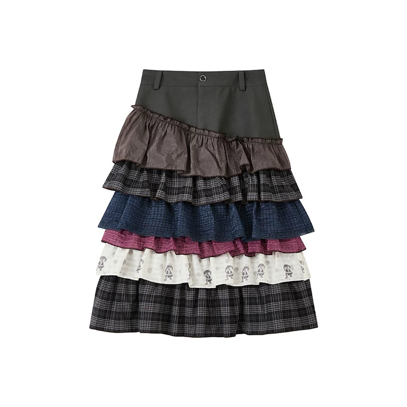 Curved Colorblock Polka Dot Pleated Midi Cake Skirt
