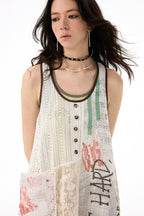 Sleeveless Mid-Length Graffiti Lace Patchwork A-Line Slip Dress