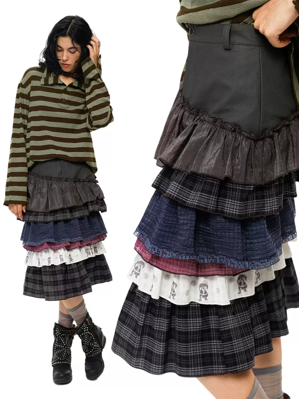 Curved Colorblock Polka Dot Pleated Midi Cake Skirt
