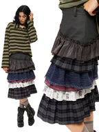 Curved Colorblock Polka Dot Pleated Midi Cake Skirt
