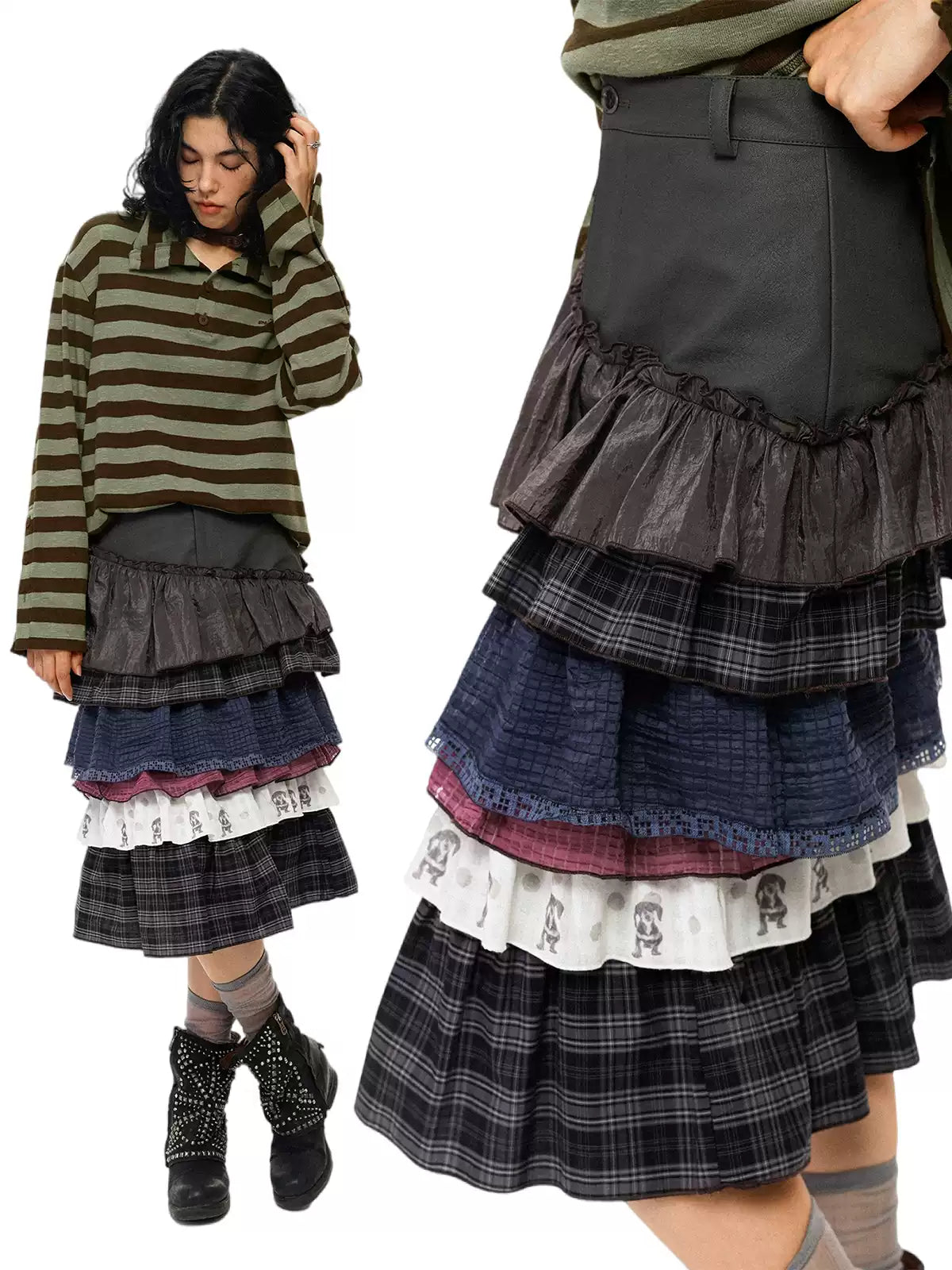 Curved Colorblock Polka Dot Pleated Midi Cake Skirt