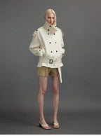 Cropped Trench Jacket with Stand Collar and Curved Shoulders