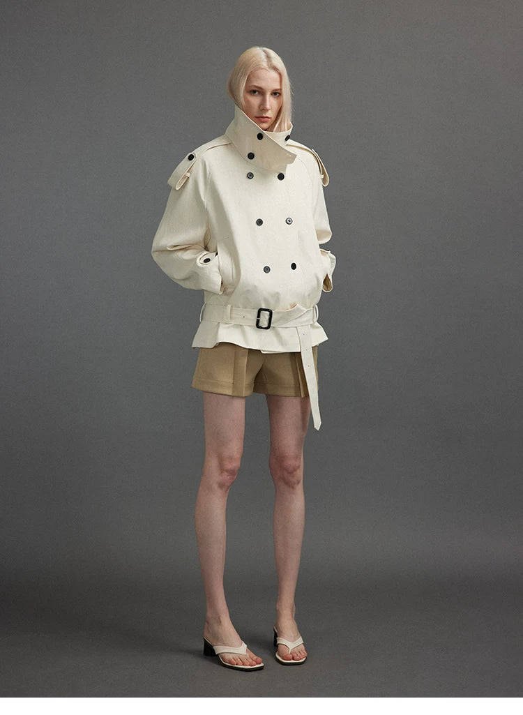 Cropped Trench Jacket with Stand Collar and Curved Shoulders