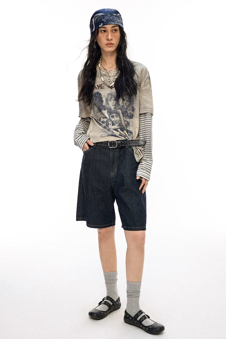 Pirate Print Striped Henley Layered-Look T-Shirt